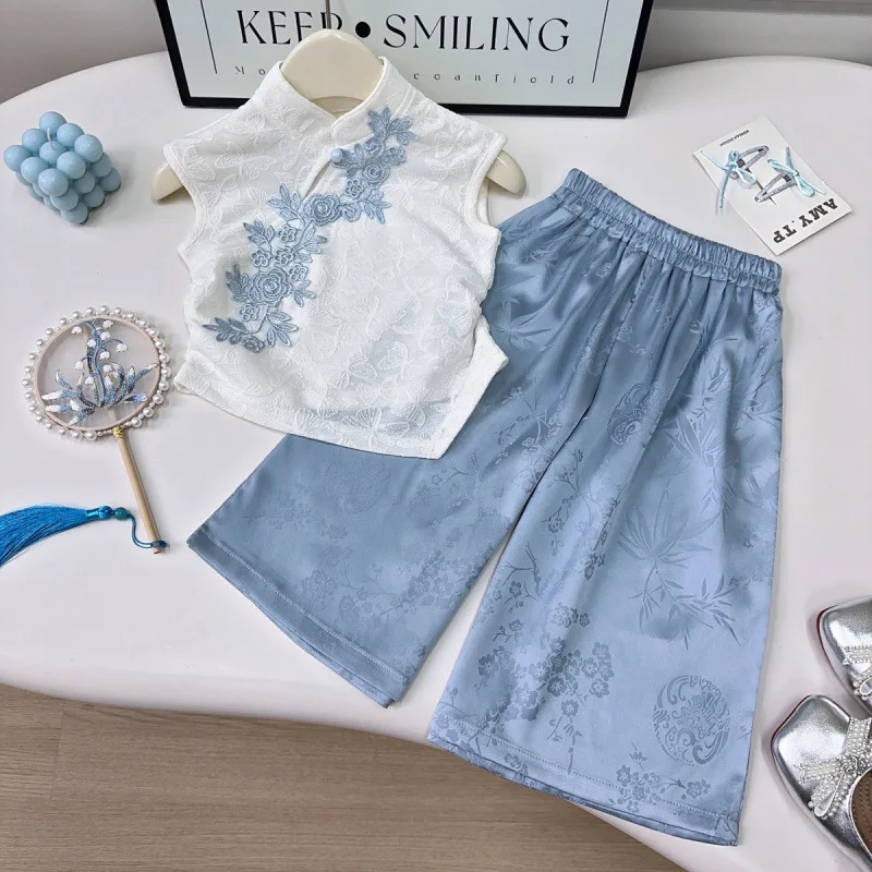 

Children's Outfit New Summer Girl Baby New Chinese Style Fashionable Trendy New National Style Vest Wide-leg Pants Two-piece Set