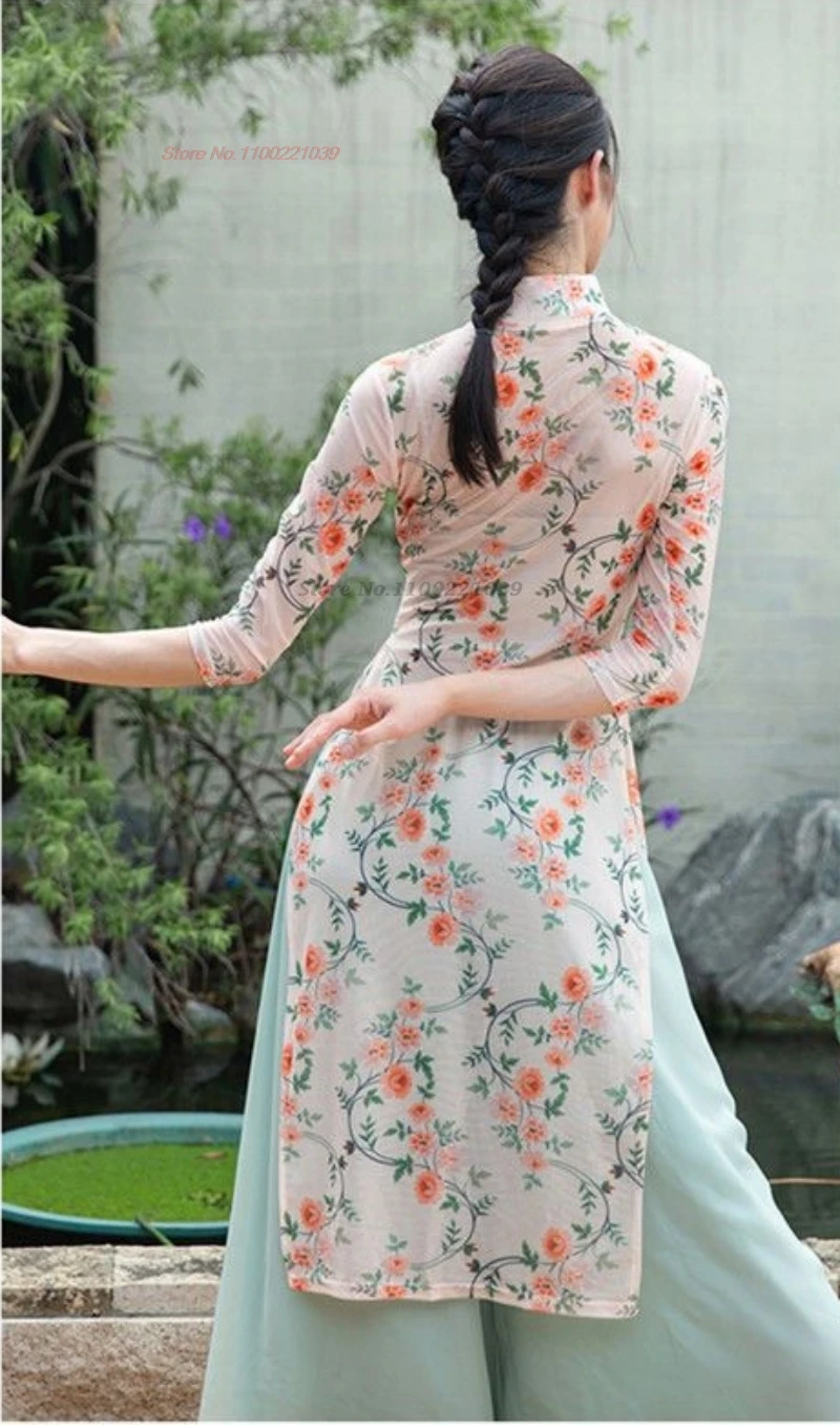 2024 frauen vintage tanz kleid chinesischen traditionellen blume drucken mesh qipao tops + hosen set volkstanz bühne leistung kleid