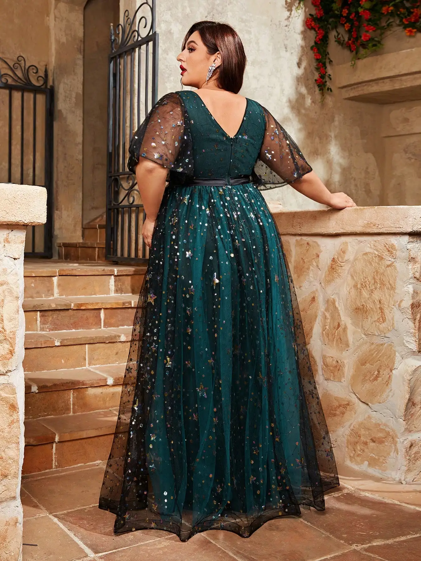 Mgiacy plus size V-neck sequin embroidered contrasting double mesh full skirt Evening gown Ball dress Party dress