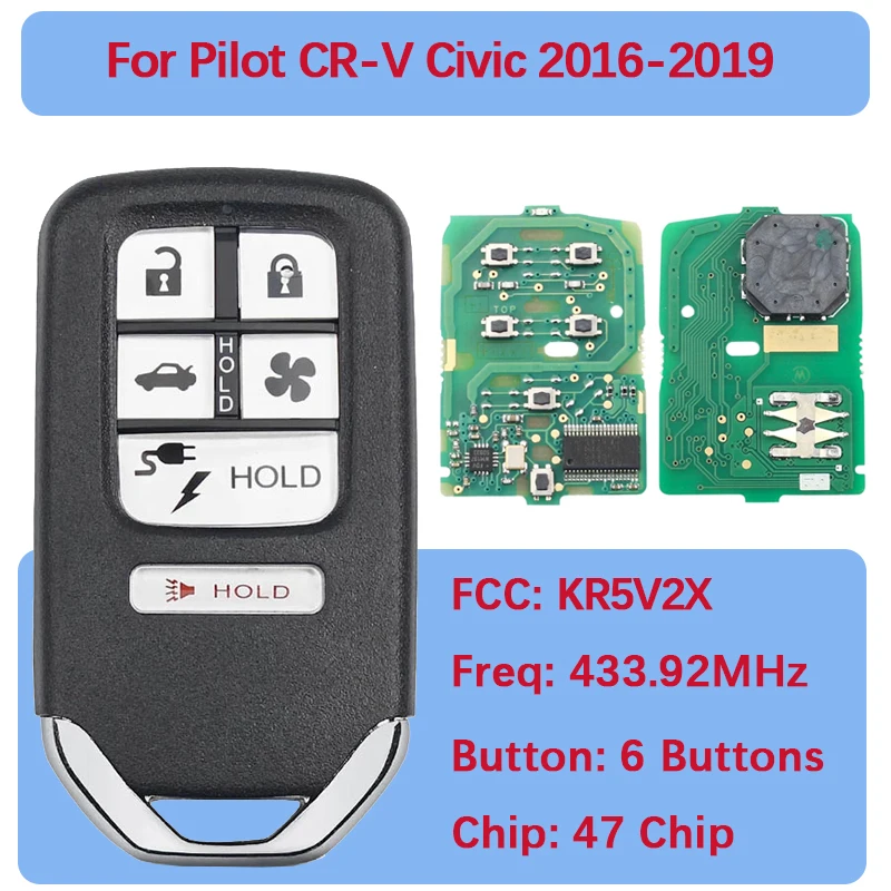 

CN003093 Умный дистанционный автомобильный брелок, 6 кнопок, 47 чипов, 433,92 МГц, FCC ID KR5V2X A2C98676600 для Pilot Civic Clarity 2018
