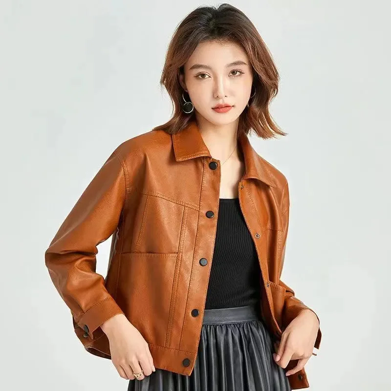 Caramel Leather Jacket Women's Short Soft Leather Jacket Popular Fashion Fragrance Temperament 2024 Spring Autumn Lapel Jackets