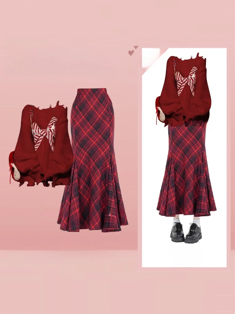 

Красный вязаный комплект с юбкой-рыбьим хвостом, винтажный осенне-зимний модный наряд для женщин, праздничный комплект из двух предметов с узлом