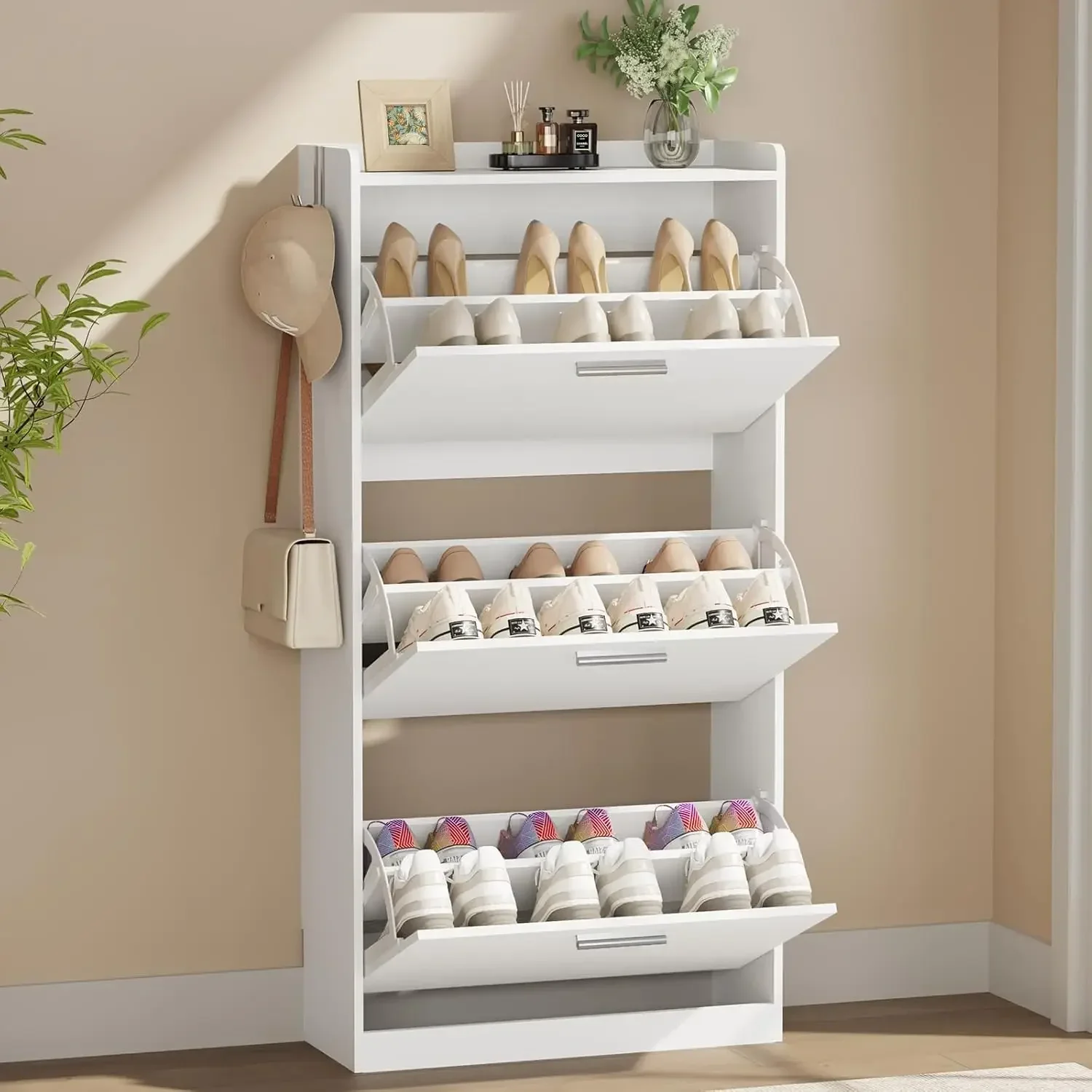 

Shoe Cabinet Organizer with 3 Flip Drawers & 3-Tier Adjustable Shelves, Freestanding Shoe Rack Cabinet, Narrow Shoe Storage for