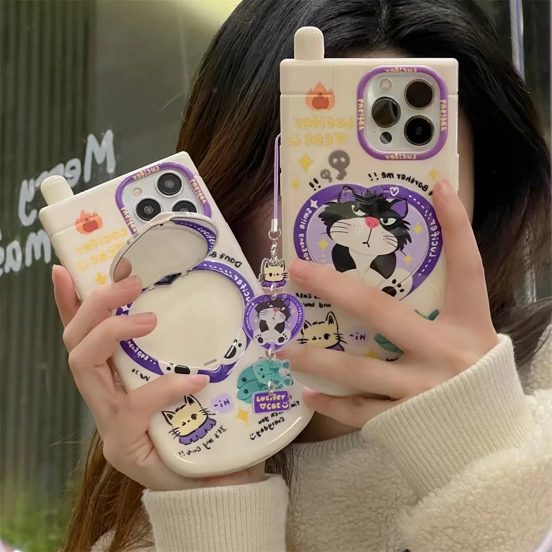 Luxury Cat Cartoon Cute Retro Big Brother Mirror Holder phone case for iphone 13 11 12 11 15 16Pro Max lovely Anime cover