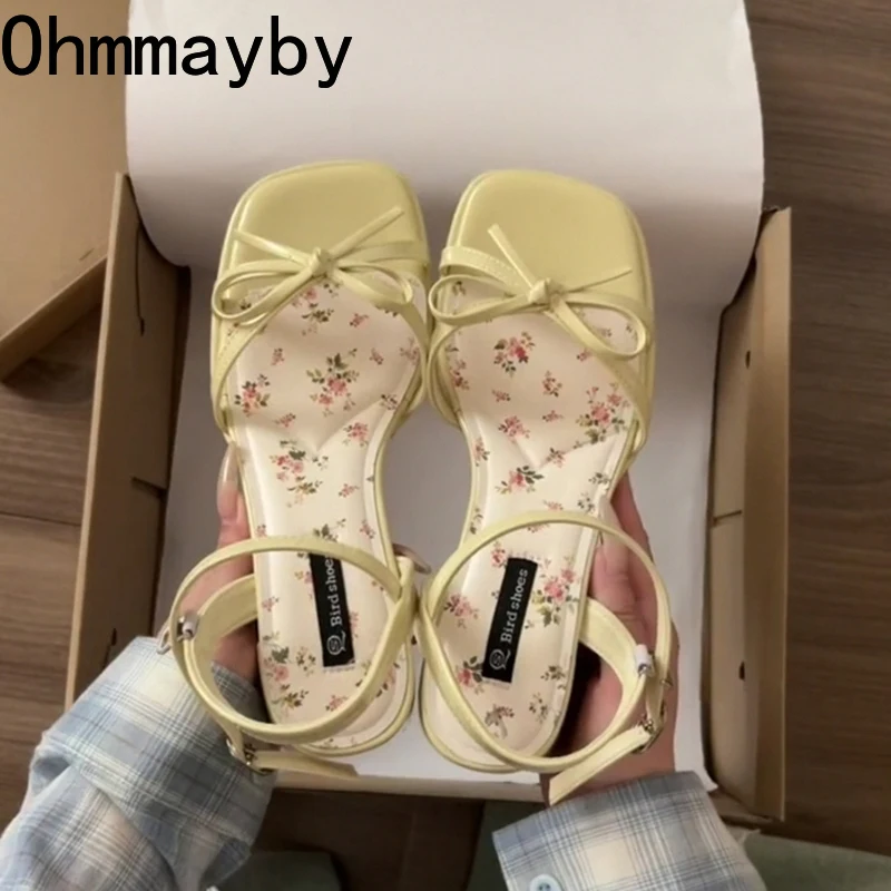 New Summer Butterfly-knot Thick Heel Women Sandals Fashion Floral Ankle Strap Shoes Ladies Outdoor Dress Gladiator Sandalias