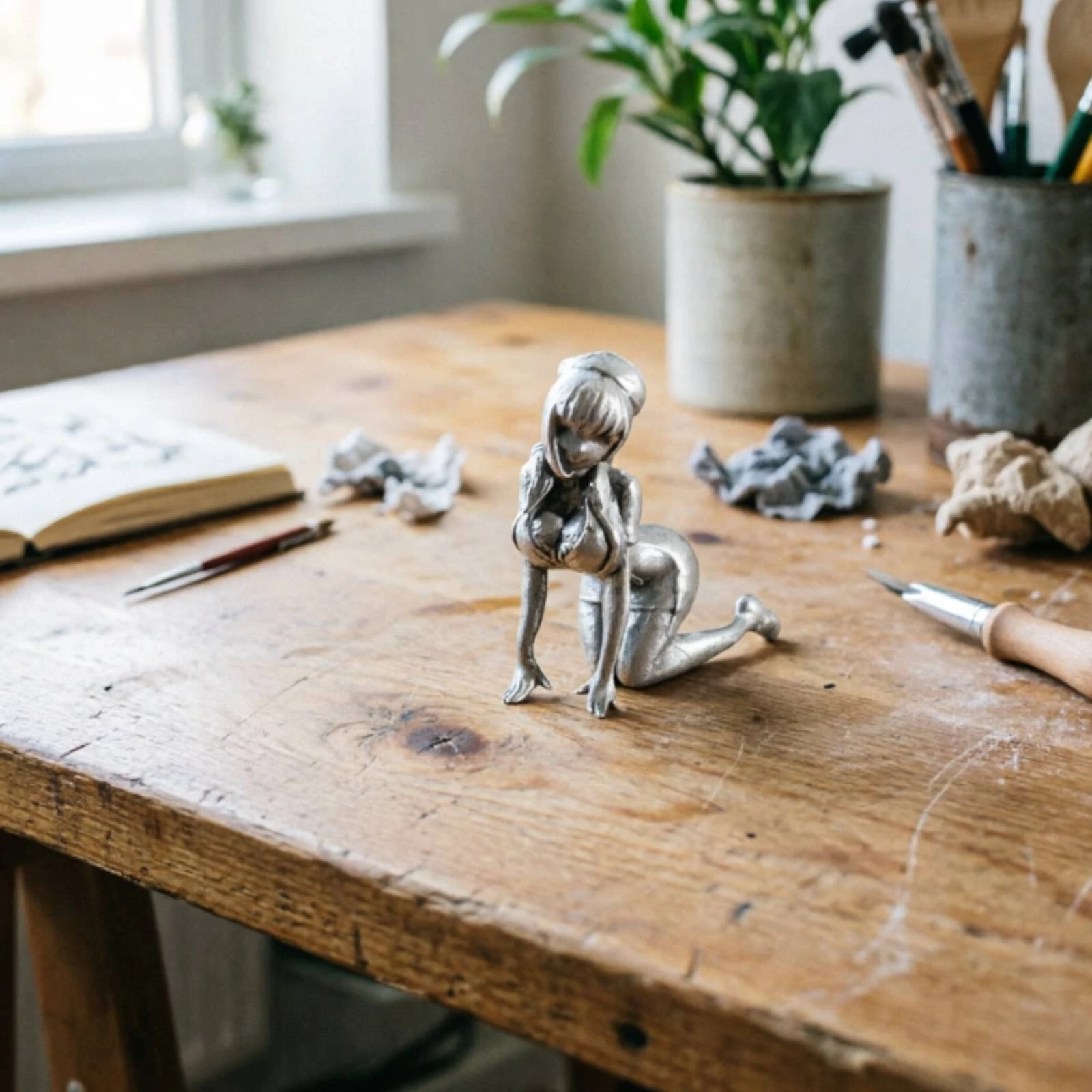 Kneeling Lady Miniature Vintage Design Kneeling Female Figurine Brass Female Figurine Artisanal Antique Finish Female Statue view 3