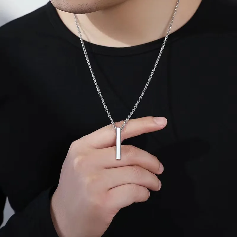 Popular Classic Brand Men's Stainless Steel Keel Chain Necklace Simple Smooth Faced Cube Vertical Pendant