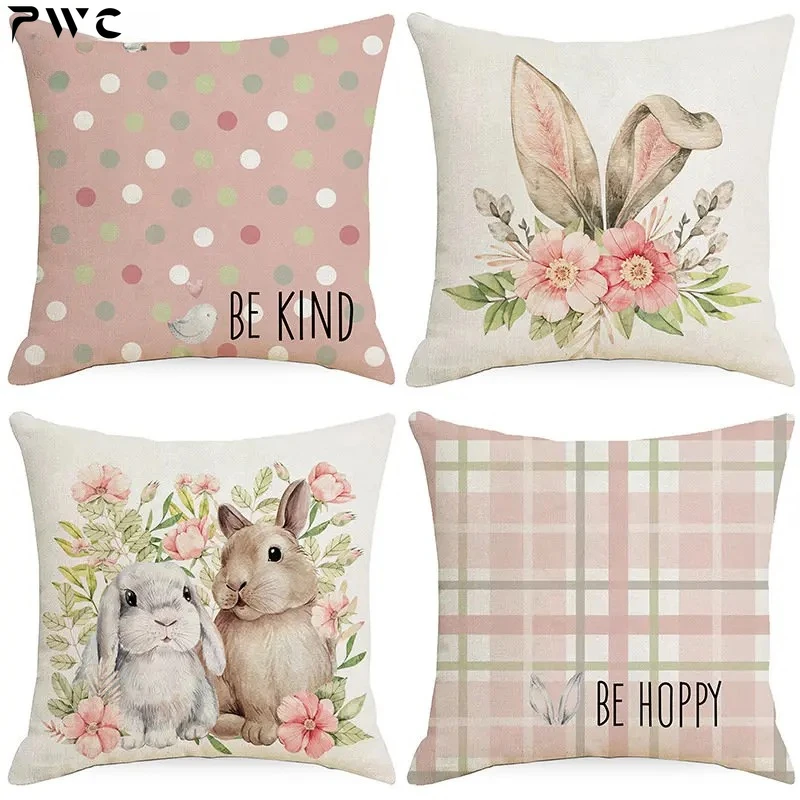 

45*45cm Easter Pillowcase Throw Pillow Covers Bunny Print Cushion Cover Sofa Decorations Pink Linen Pillow Case Home Pillowslip