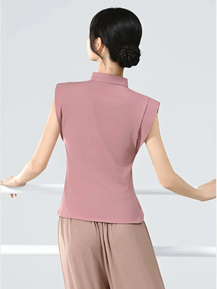 Solid Color Mandarin Collar Short Sleeve Slim Fit Dance Top for Women, Ballet Stage Practice Modern Performance Shirt
