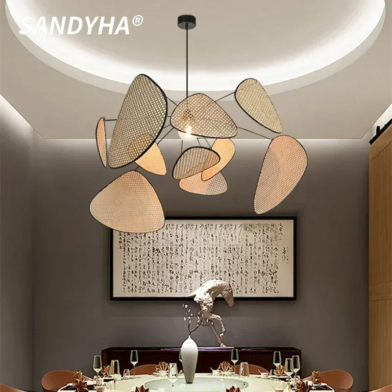 

SANDYHA Rattan Wicker Chandeliers Bamboo Pendant Light for Living Room and Dining Table Unique French Romance LED Lamps