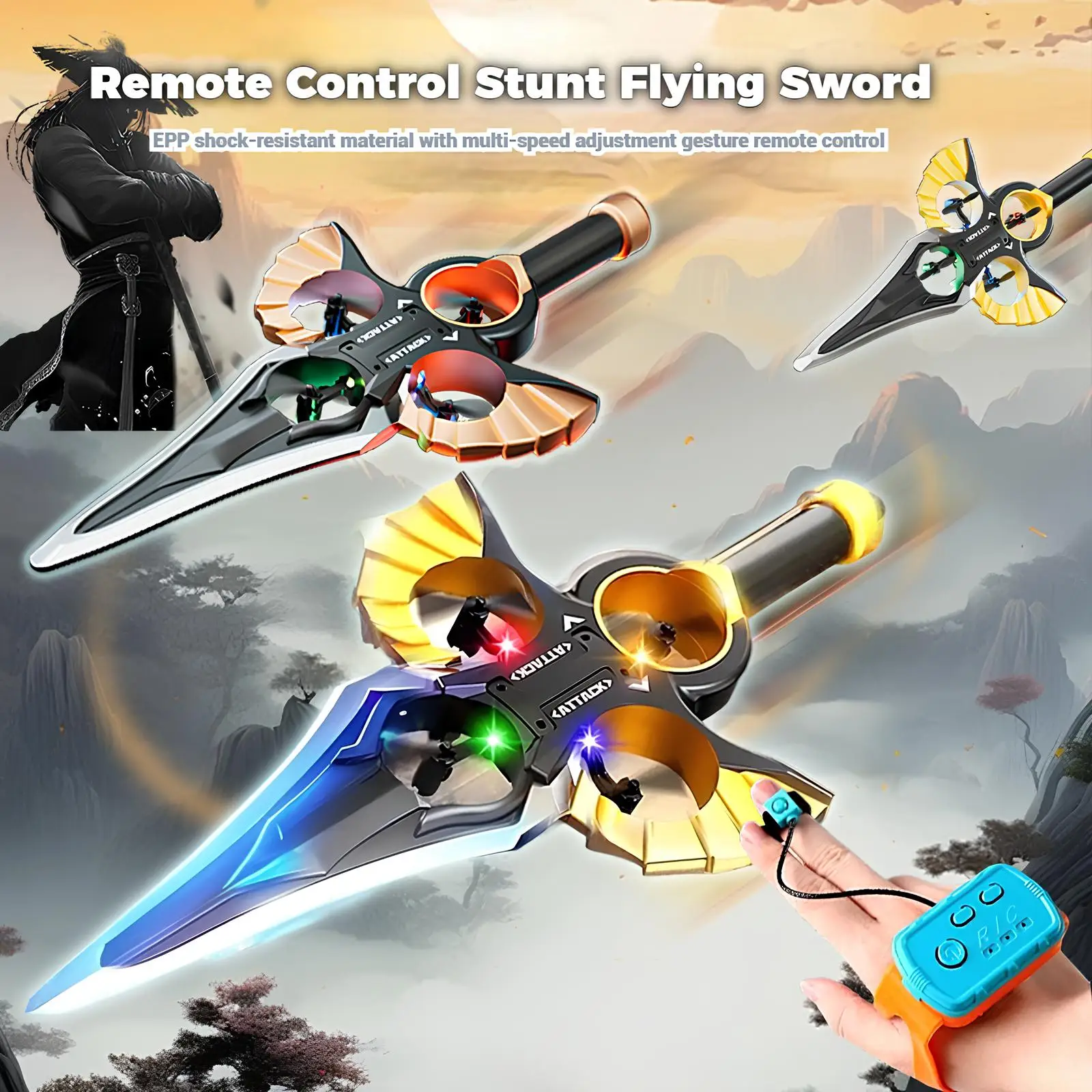

RC Flying Sword Glider Drone with Hand Wave & Controller Mode, 3-Speed Stunt Plane for Kids,Teens & Adults,LED Lights,Aerial Fun
