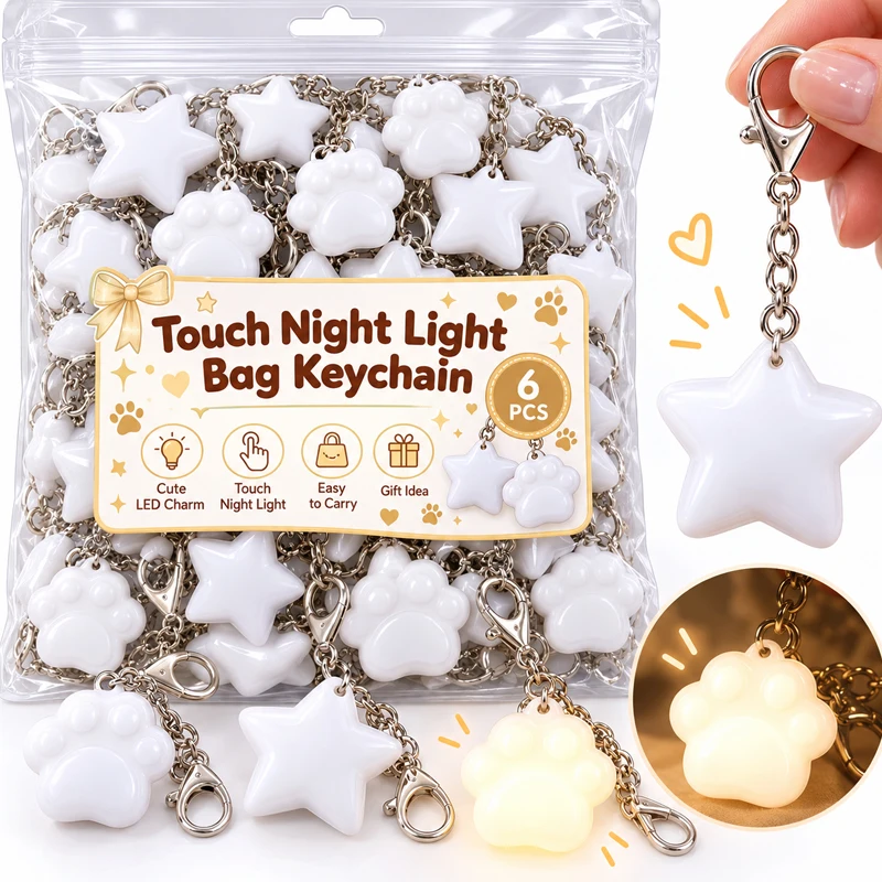 1/6Pcs LED Light Touch Sensitive Light Keychains Cute Star Cat Paw Shape Backpack Pendants Sensor Bed Lamp Heart Light Gift