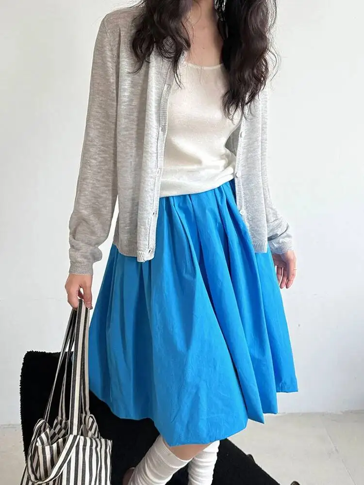 High Elastic Waist Blue Brief Elegant Bud Knee-Length Half-body Skirt Women Fashion Tide New Spring Autumn