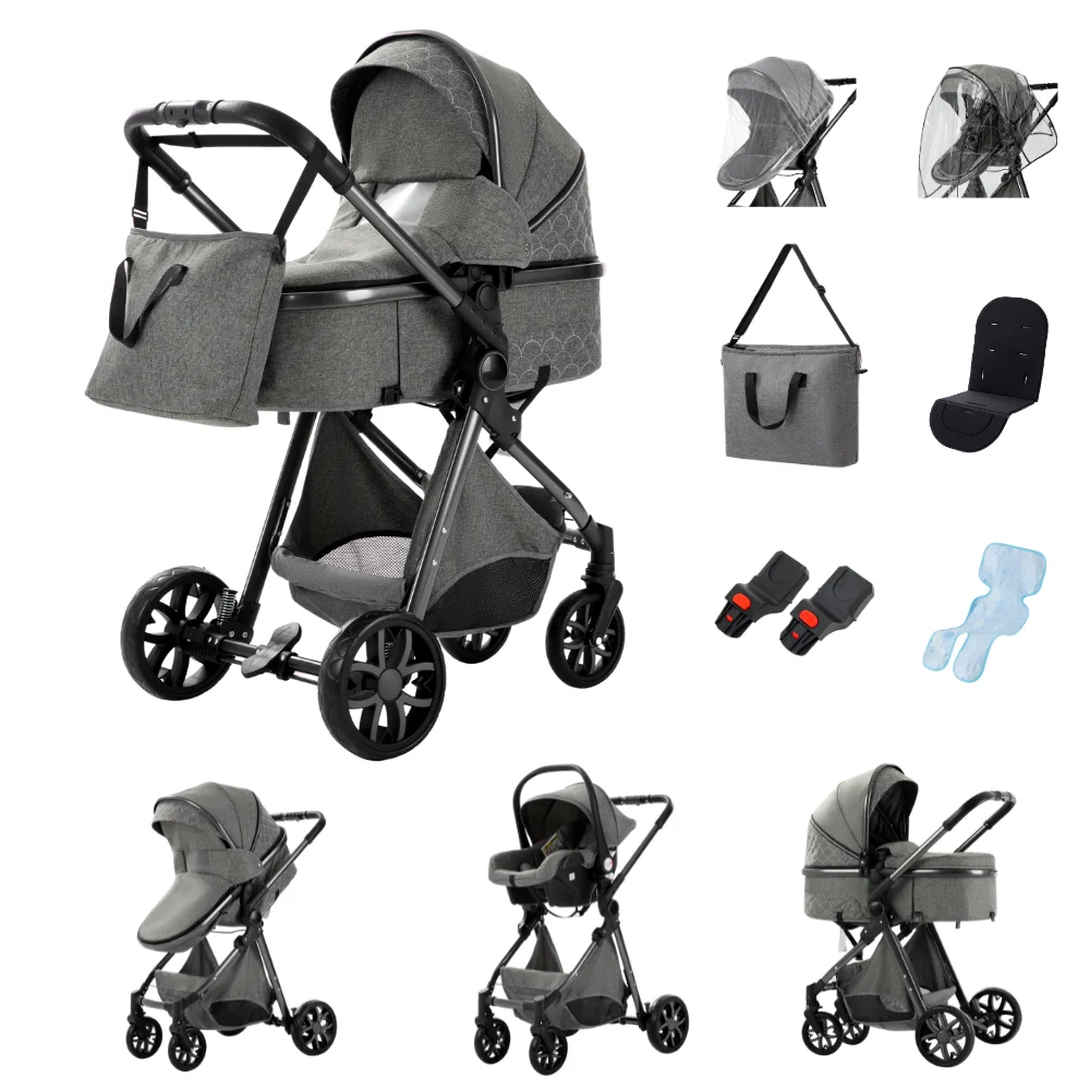 3-in-1 Babywandelwagen, vierwielige kinderwagen, hoge ligging met muskietennet, opvouwbaar, schokbestendig, vierwielige kinderwagen