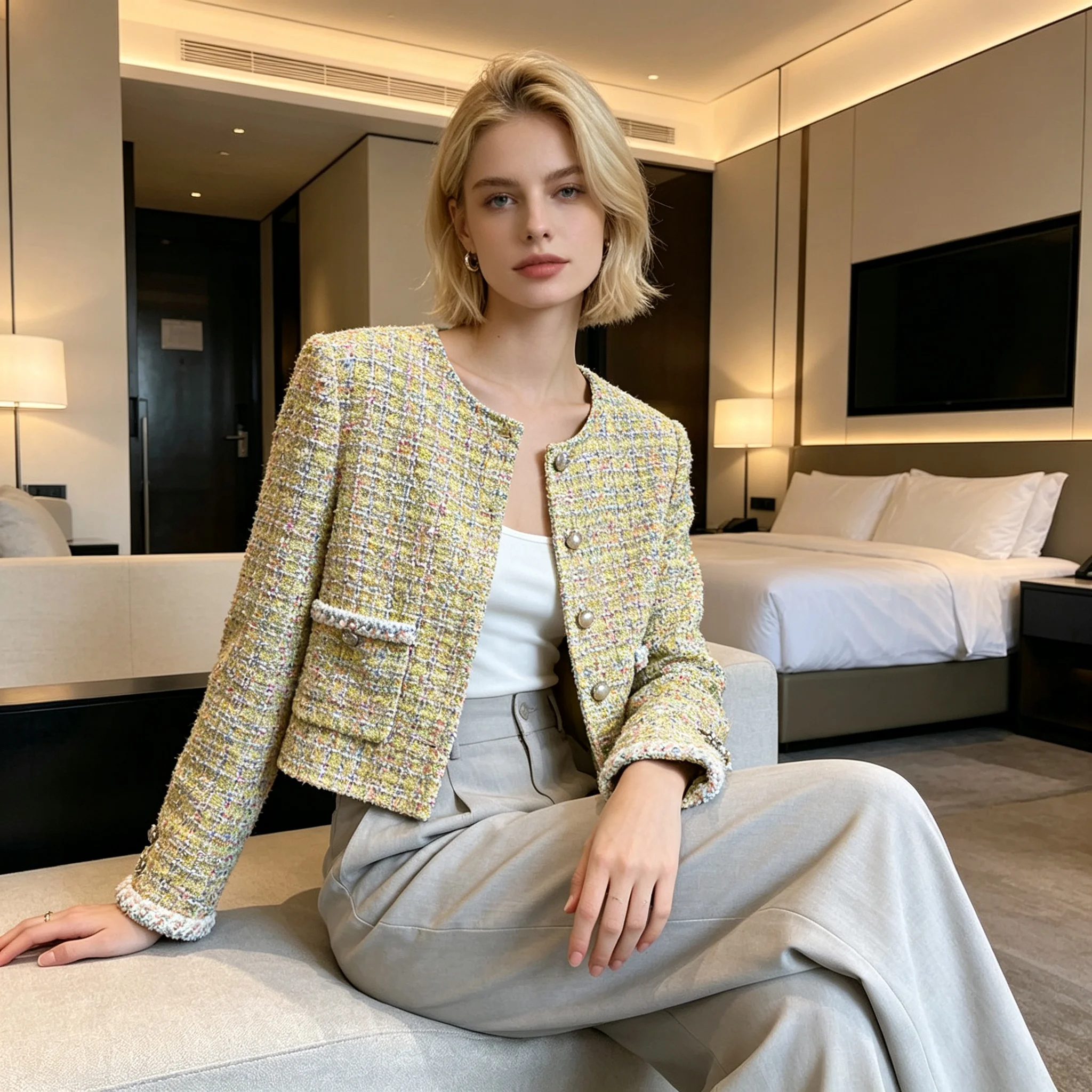 Women Multicolor Tweed Jacket Elegant Round Neck Pocket Cropped Coat French Luxury Ladies Casual Autumn Outerwear