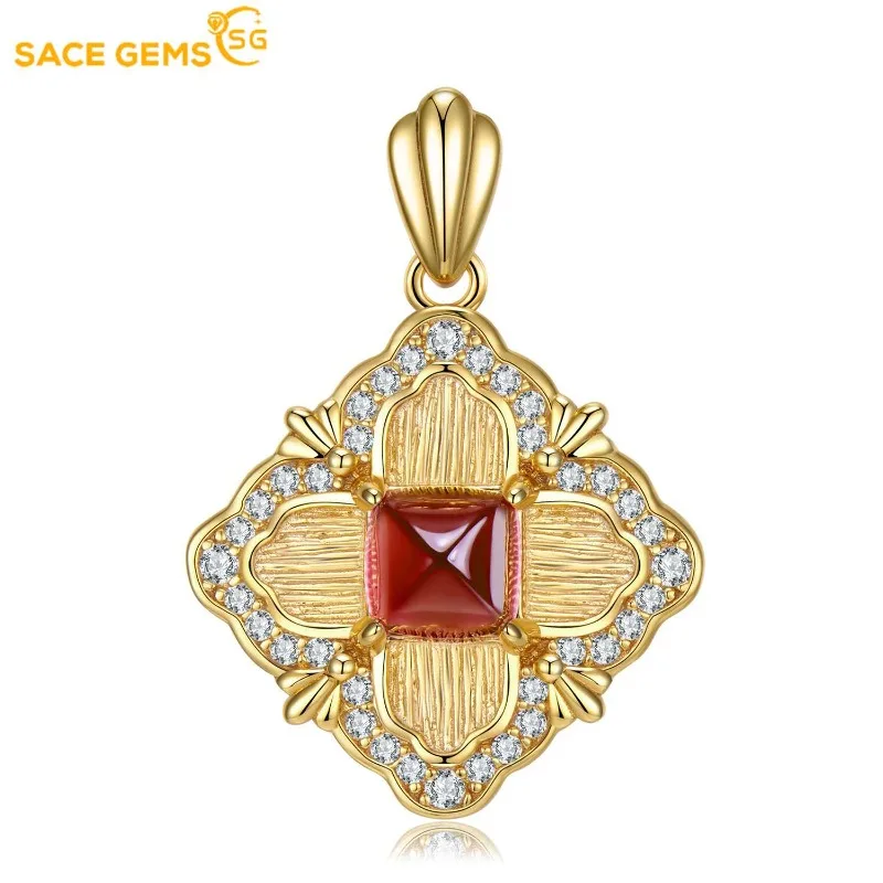 

SACE GEMS Certified 925 Sterling Silver 5*5MM Natural Garnet Pendant Necklace for Women Engagement Cocktail Party Fine Jewelr