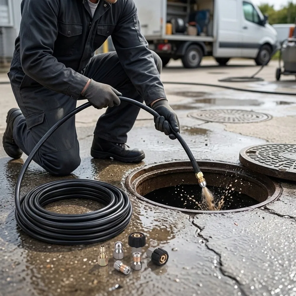 Drain Hose 15M for Sewer Flusher Systems Compatible with Standard Pressure Washer Outlets and Jetter Pump Assemblies