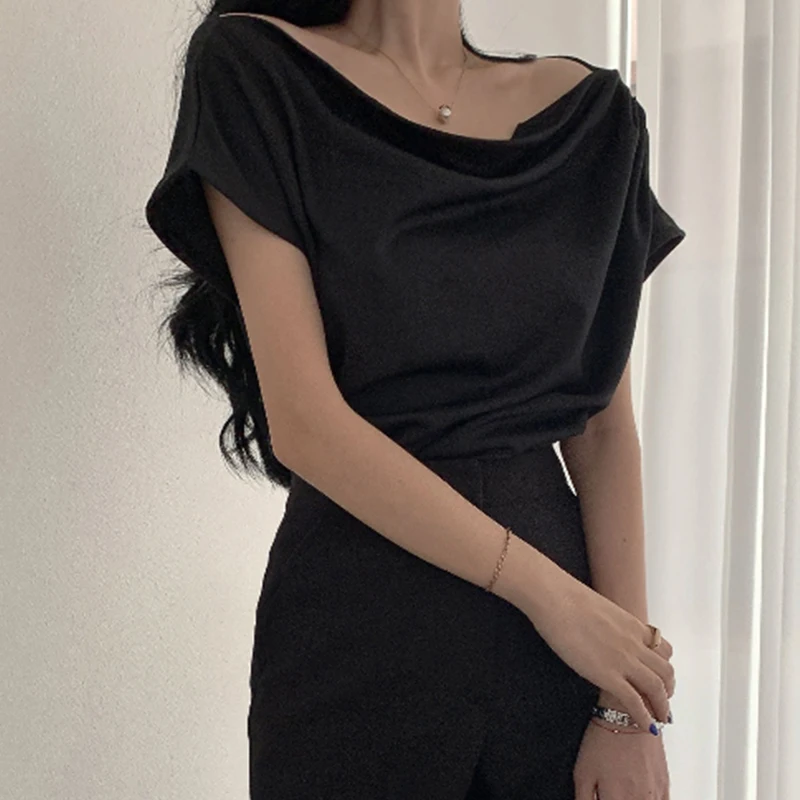 Temperament Off Shoulder Design Versatile Short Sleeve Pile Up Collar Shirt Slash Crop Top Blusas Mujer De Moda 2024 Slim Shirts