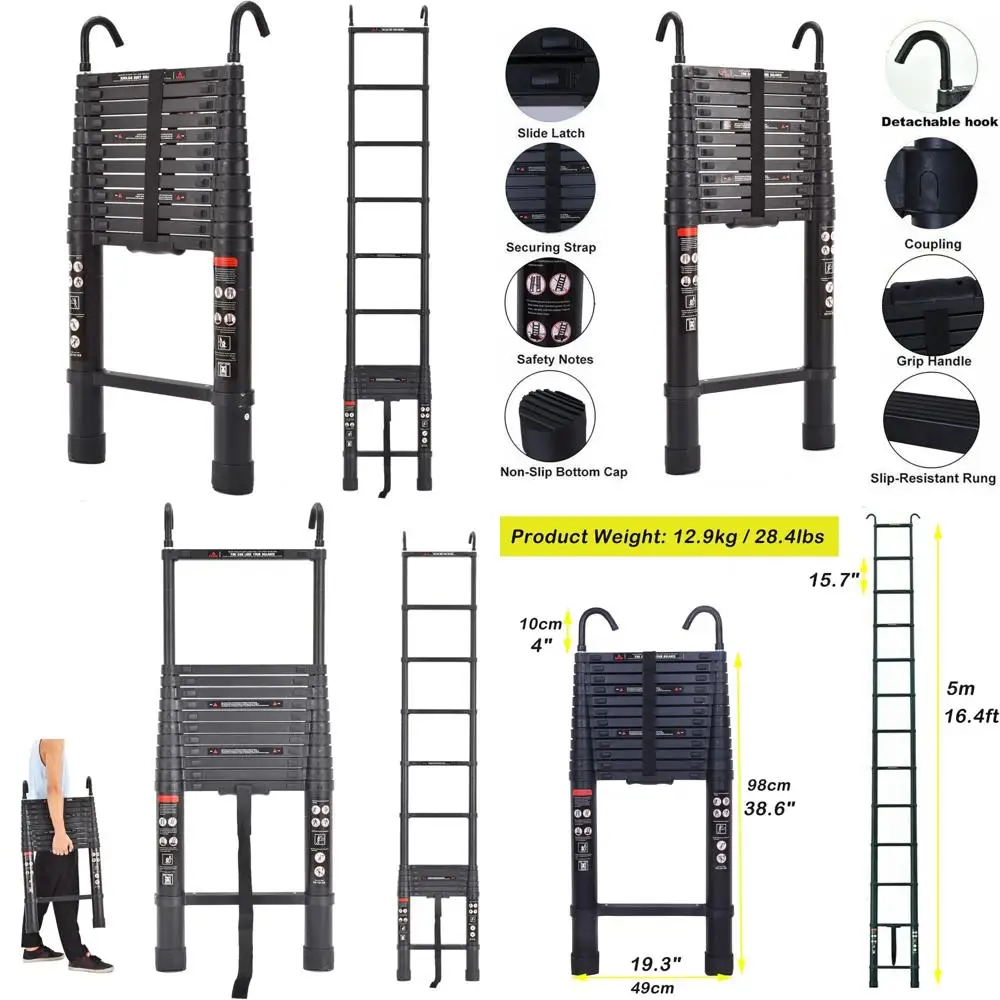 Scala di estensione in alluminio 16,5 piedi 5 m, scala domestica nera portatile con ganci staccabili, peso 28,4 libbre, pieghevole per una facile conservazione