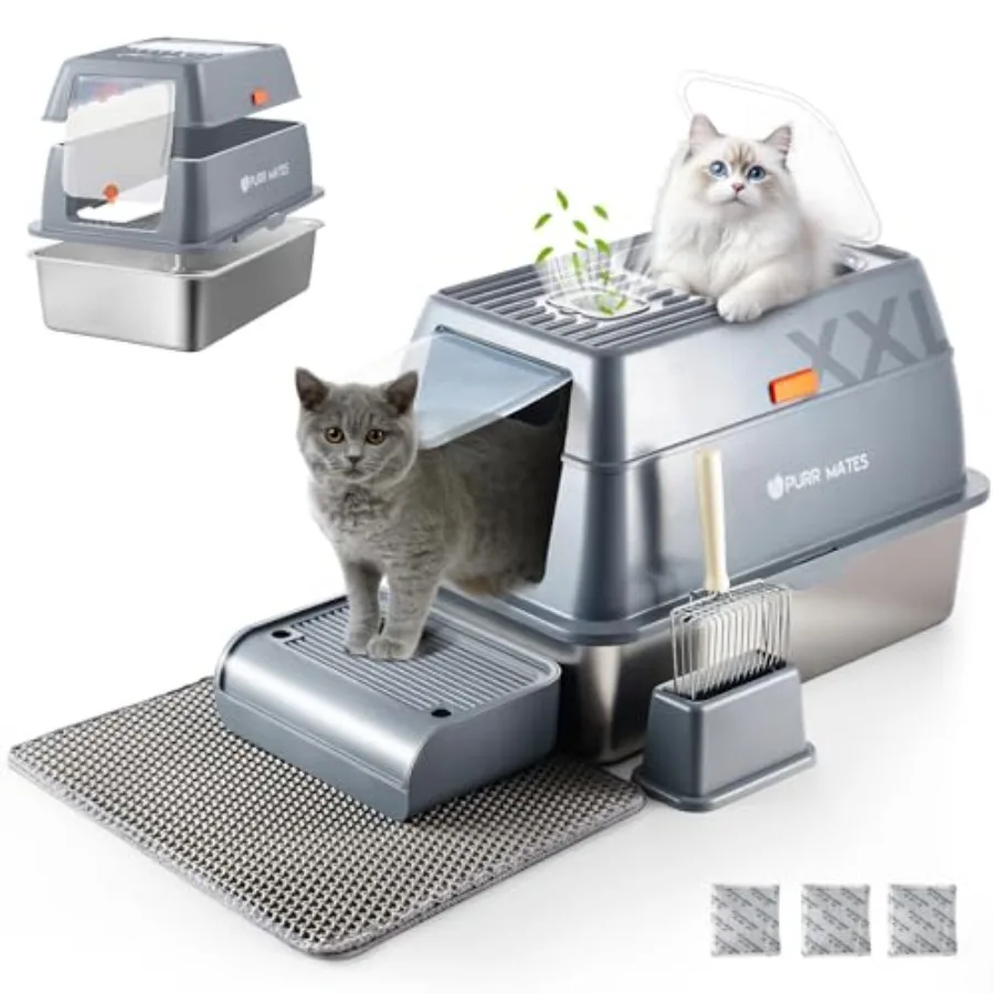 

Stainless Steel Extra Large Covered Litter Box with High Sides Enclosed Lid for Big Tall Multiple Indoor CatDeep Metal Jumbo Ho