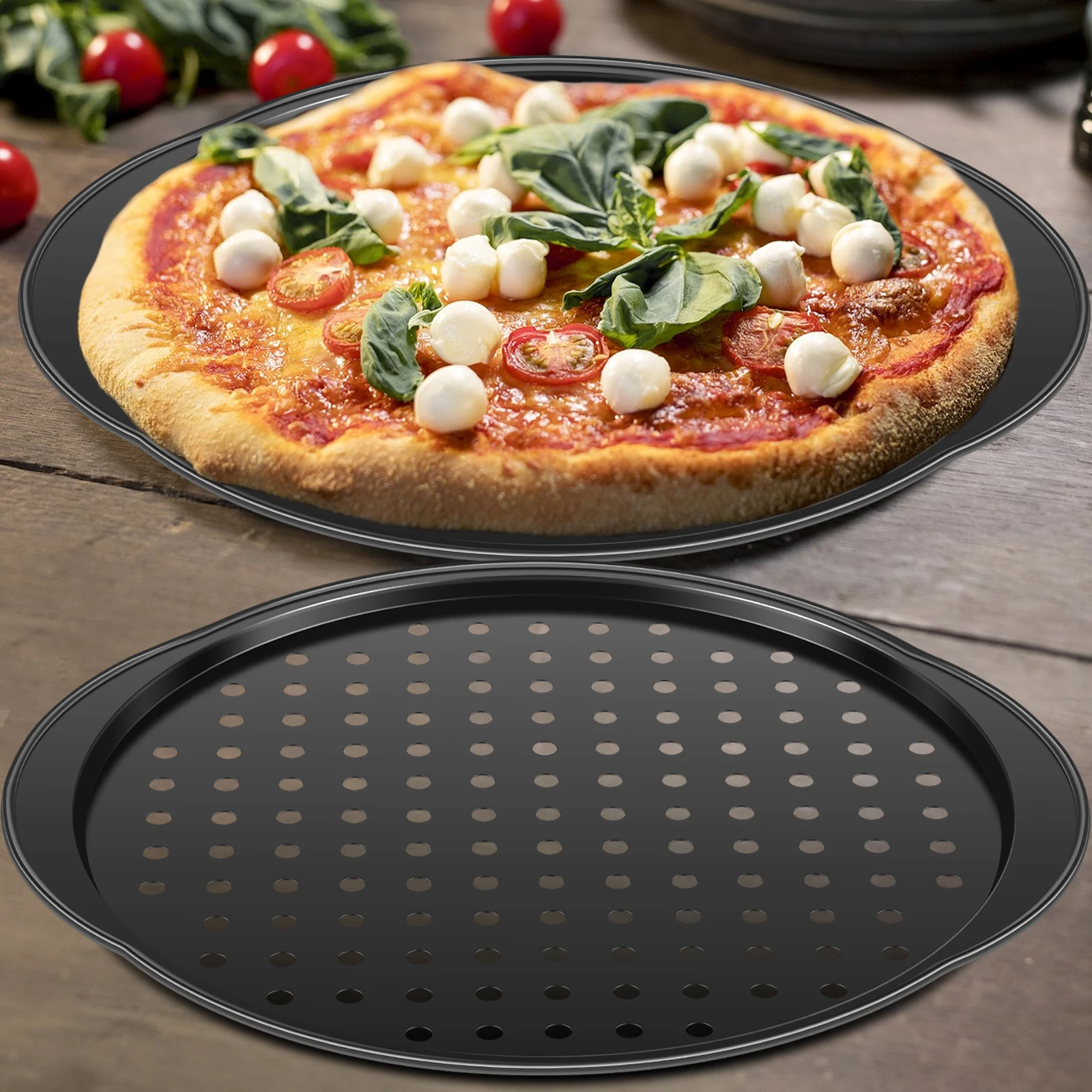 2 Pcs Pizza Trays 14 Inch Pizza Pans Non-Stick Baking Trays with Holes and Handles Carbon Steel Pizza Pan for Home Kitchen Oven