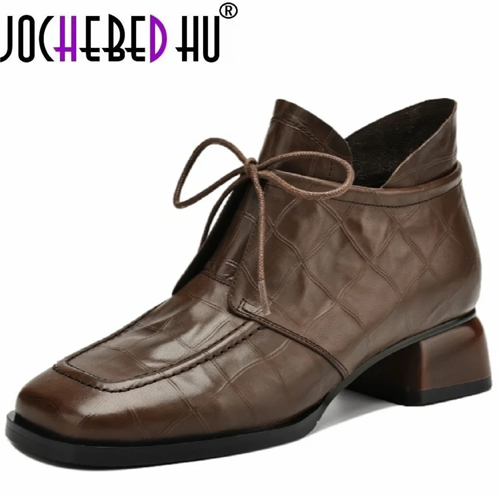 【JOCHEBED HU】Women's Handmade Genuine Leather Shoes Medium Heel Comfort Retro Literature And Art Cross-tied Pumps Shoes 34-41