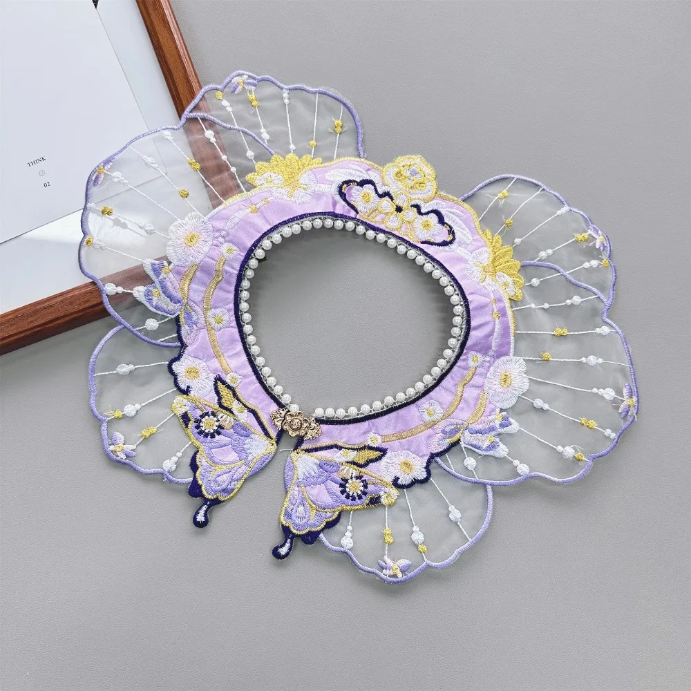 Embroidery Decoration Hanfu Shawl Pearl Butterfly False Floral Yunjian Round Neck Chinese Kids Shirt False Collar