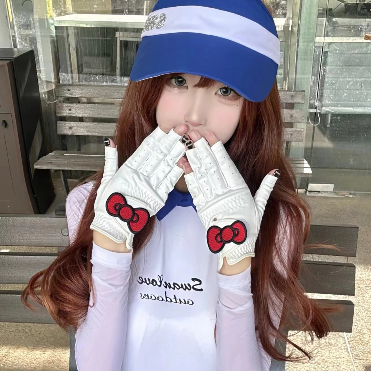 Gants de golf coordonnants demi-doigt pour femme, gants de gril doux et respirants, nœud papillon, anime Sanurgente, Kawaii, Hello Kitty, cadeau