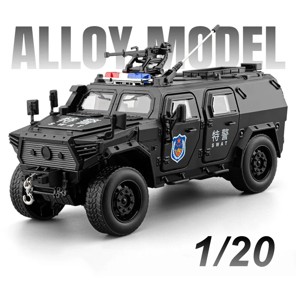 

1:20 Alloy Dongfeng Mengshi Armored Vehicle Diecast Car Toys Models Doors Opened Sound Light Pull Back Police Cars Friend's Gift