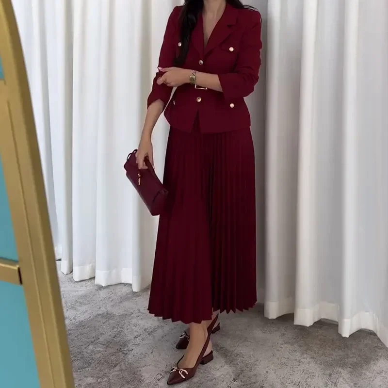 Women's Two Pieces Set Blazer Lady Pleated Long Dress 2025 Spring New in Matching Sets Button Temperament Elegant Women's Sets