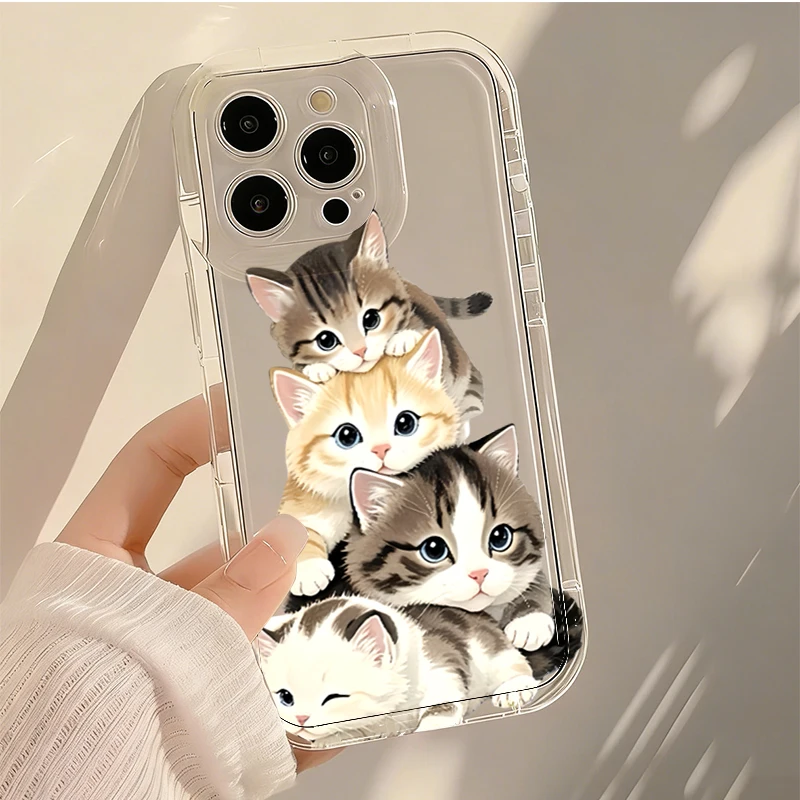 Transparent Cartoon Cats Pattern Phone Case For iPhone 15 16 17 Pro Max 16E 14 13 11 12 Mini 7 8 Plus SE2 XS XR Shockproof Cover view 3