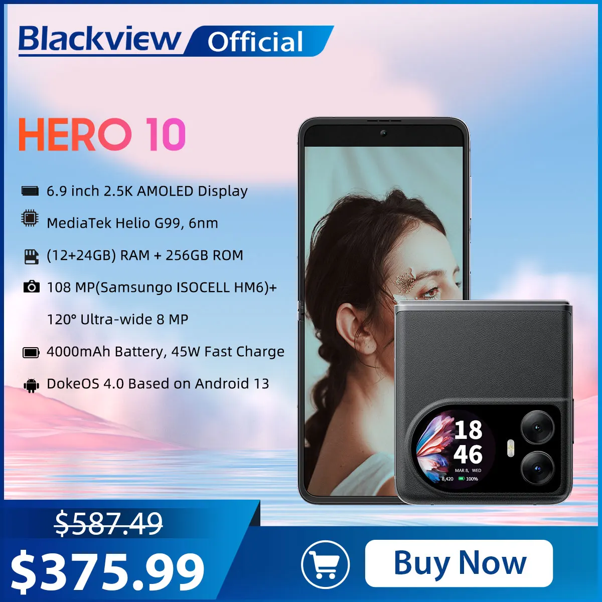 2024 Blackview HERO 10 Smartphone Pantalla plegable AMOLED de 6,9 pulgadas MTK Helio G99 12GB 256GB Cámara de 108MP 4000mAh 45W Carga NFC