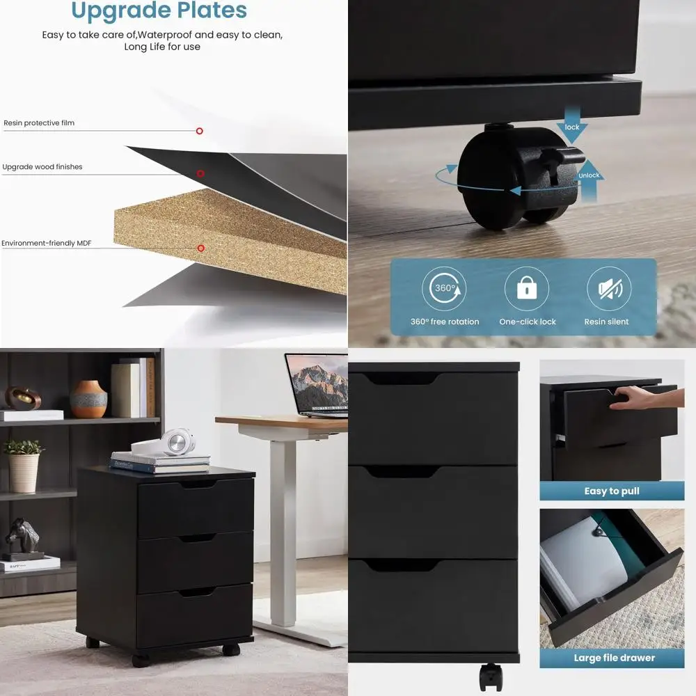 خزانة تخزين خشبية للمكتب المنزلي بثلاثة أدراج مع قفص مكتب باللون الأسود