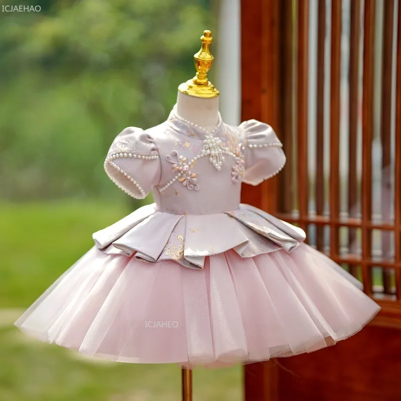 

New Kids Girls Chinese Style Birthday Party Dress Children Puffy Tulle Princess Kids Host Pageant Evening Costume Ball Gown for