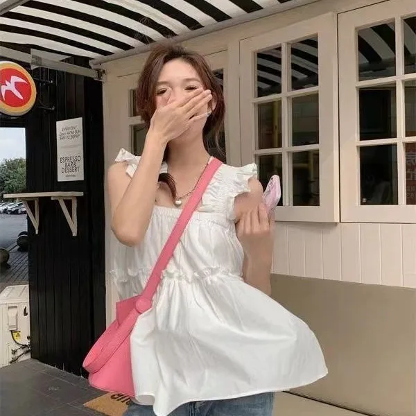 2024 Summer Embroidery Ruffle Pleats Loose Casual Sweet Temperament Wide Shoulder Camisole Tops White Girls' Clothing