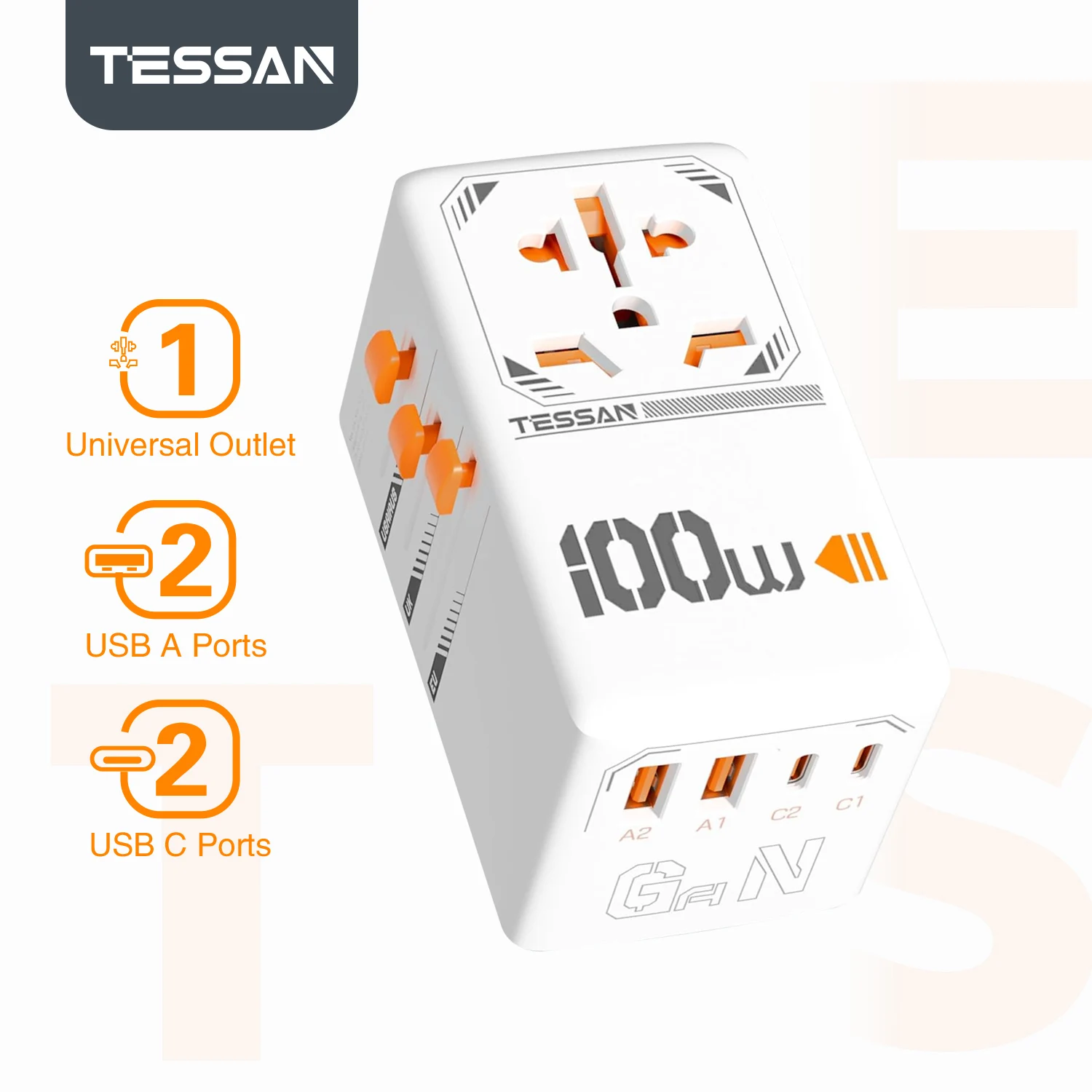 TESSAN 140 W 100 W 65 W 35 W internationale stekkeradapter GaN reisadapter met universeel stopcontact 1 USB A 3 Type C snellader voor EU/UK/USA/AUS