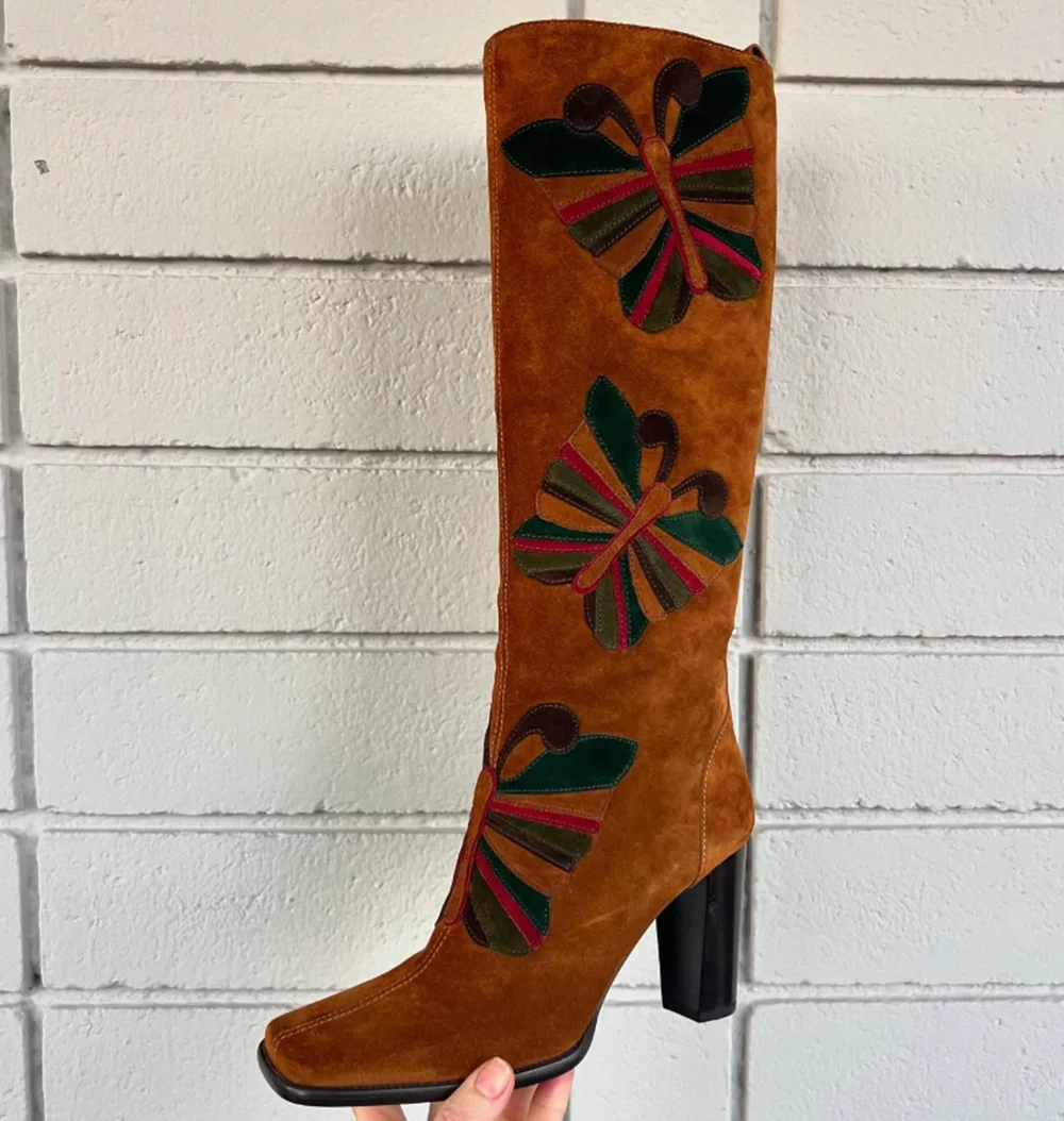Retro Brown Suede Knee-High Boots Colorful Butterfly Patches Square Toe Block Heel Western Style Boots for Fall Casual Looks