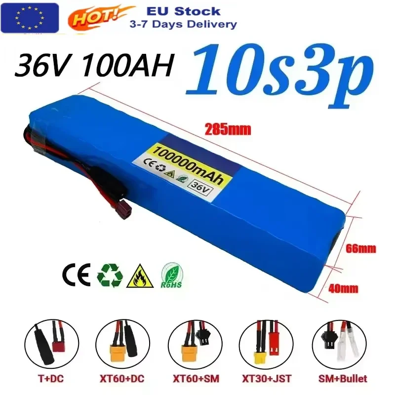 Pacco batteria al litio da 36 V e 100 Ah, modello 18650, ricaricabile, configurazione 10S3P, con sistema di gestione della batteria (BMS), per biciclette elettriche, scooter elettrici, biciclette e