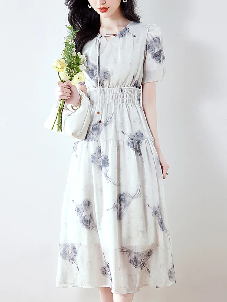 

Женское шифоновое платье миди с цветочным принтом и пышными рукавами, v-образным вырезом, летнее элегантное повседневное праздничное платье 2025 года, корейское облегающее праздничное платье