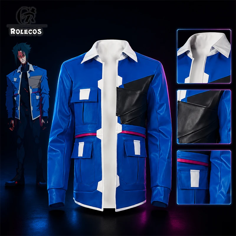 ROLECOS Anime Cyberpunk: Edgerunners 2 D Cosplay Costume Blue Leather Jacket Outfit Halloween Party Role Play Premium Full Set
