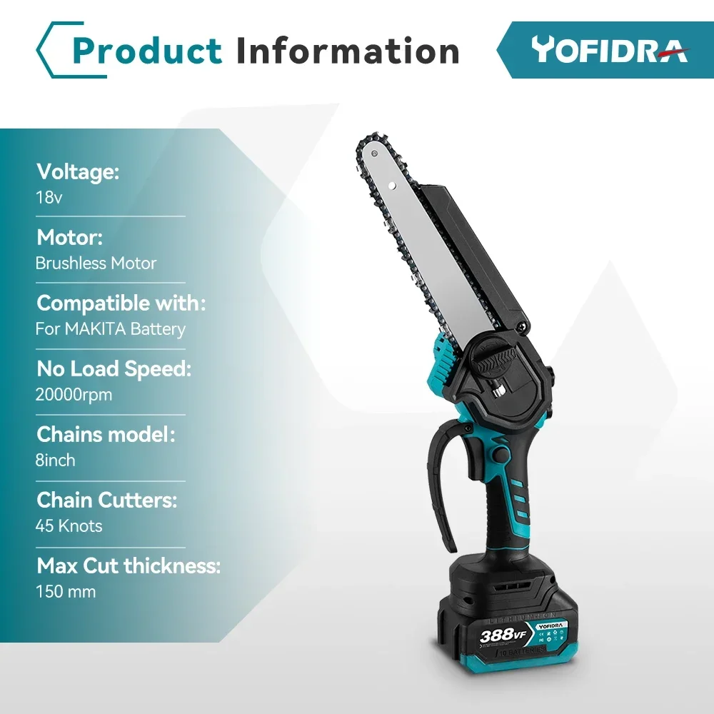 YOFIDRA 8 Inch Brushless Electric Chainsaw With Digital Display Cordless Woodworking Pruning Power Tool For Makita 18V Battery