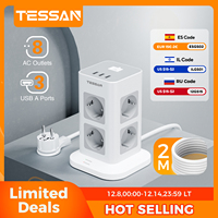 TESSAN 3600W Ultra Thin Flat Plug Vertical Tower Power Strip with 8 AC 3 USB Ports EU Plug Electrical Socket With 2M Cable