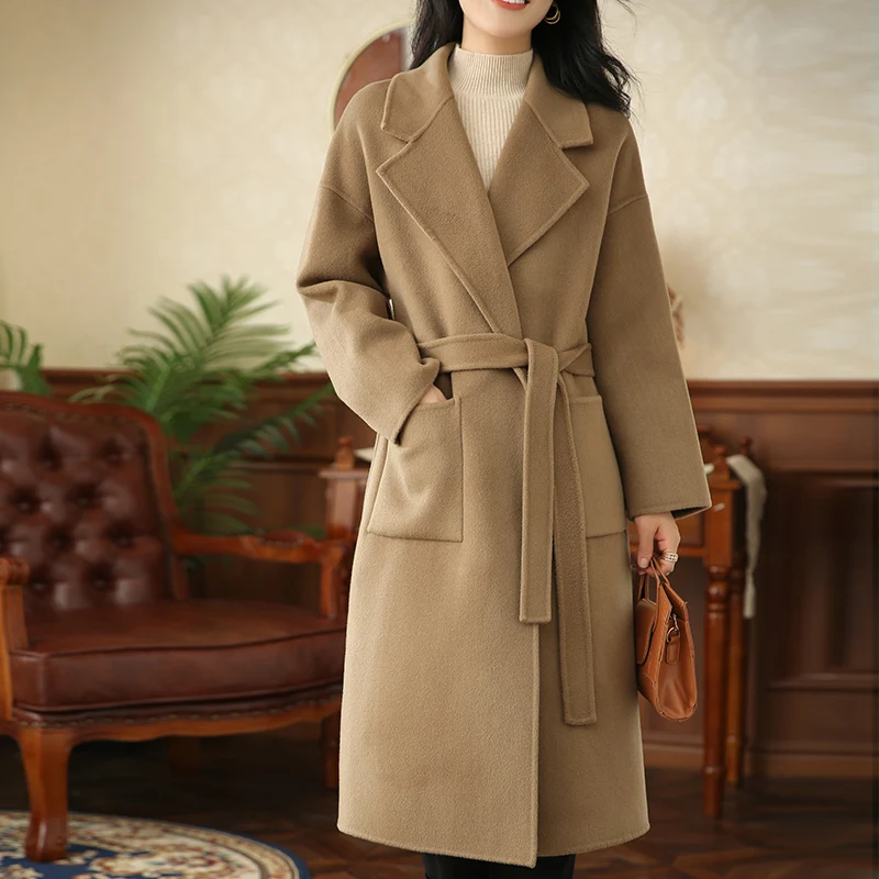 

2023 New 100% Australian Wool Hand Sewn Women's Long Coat Belt Pocket Solid Color Overcoats Female Luxury Clothing Woolen Coats