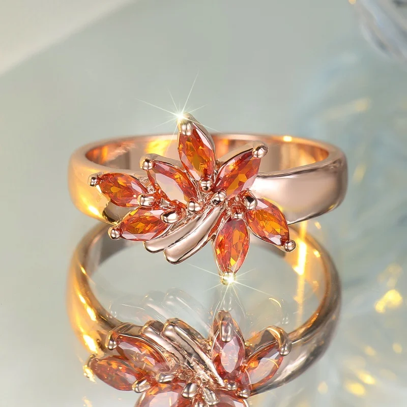 2026 New Autumn Maple Leaf Color Diamond Ring with Multiple Horse Eyes Orange Zirconia Light Luxury Gifts and Versatile Jewelry