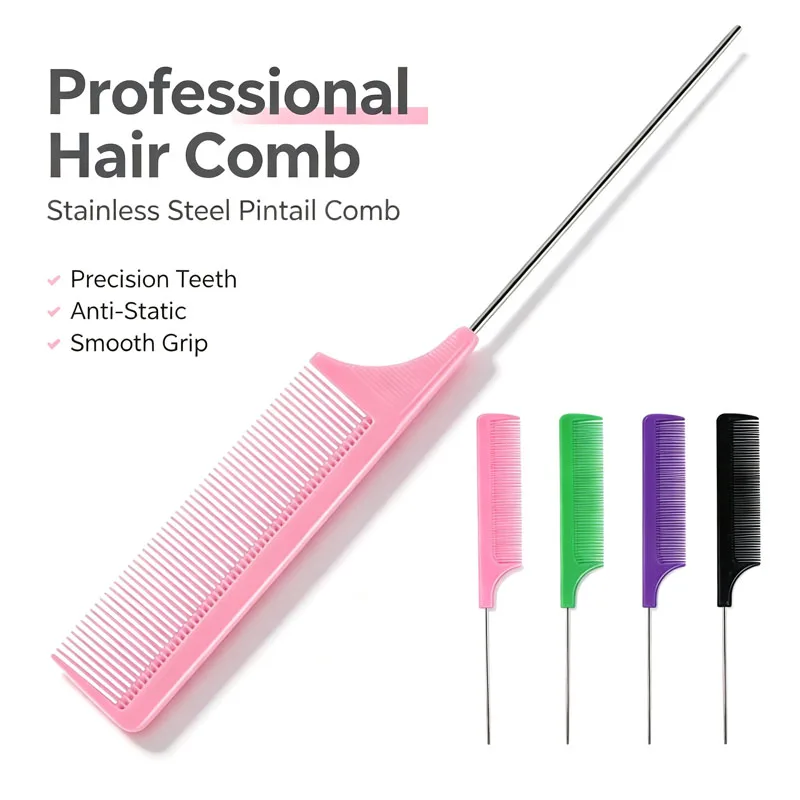 New Rat Tail Combs Solid Color Steel Needle Pointed Tail Comb  Anti-Static Heat Resistant Tail Comb Barber Accessories SZI29