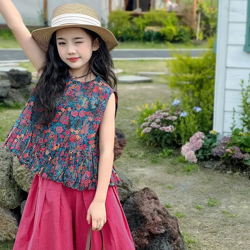 

Baby Girl 2PCS Clothes SetNew Summer Infant Cotton Floral Print Sleevelss T-shirt Suit Solid Soft Wide Leg Pant Kid Girl Outfit