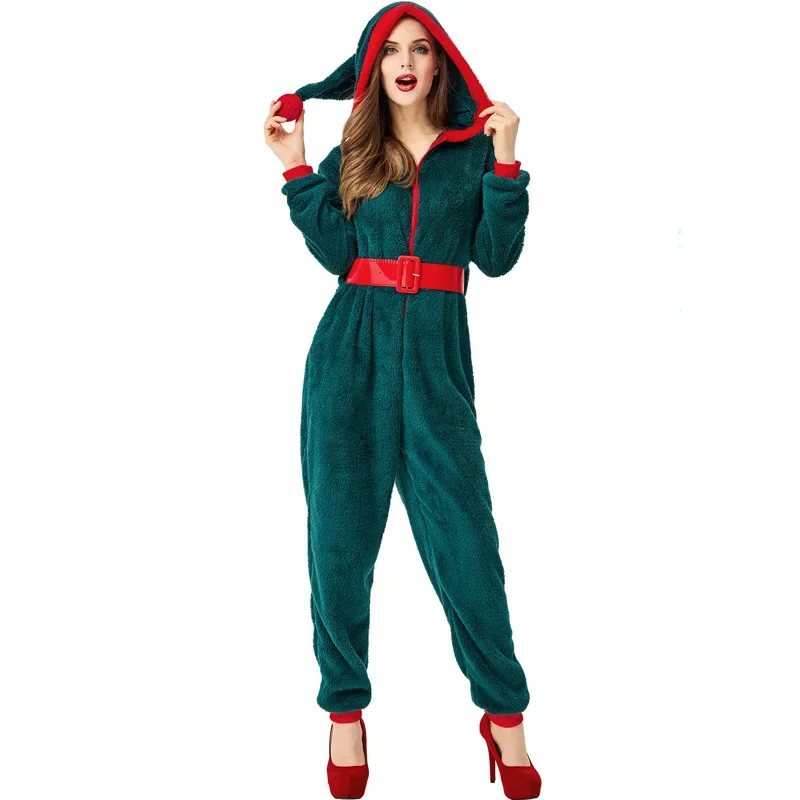 Women Girls Christmas Green Hooded Pajama Coral Fleece Solid Color Zipper Jumpsuit Lady Winter Homewear Cosplay Party Costume