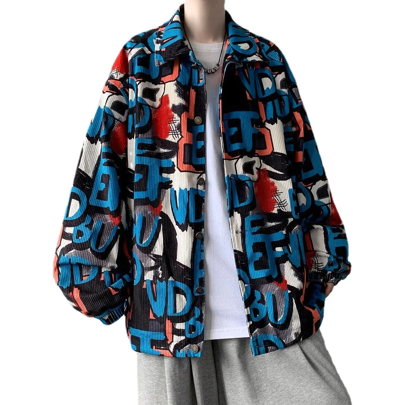 

Corduroy Jacket Men's Spring Autumn Clothing New Korean Style Graffiti Print High Street Coat Ins Hot Loose Versatile Youth Tops