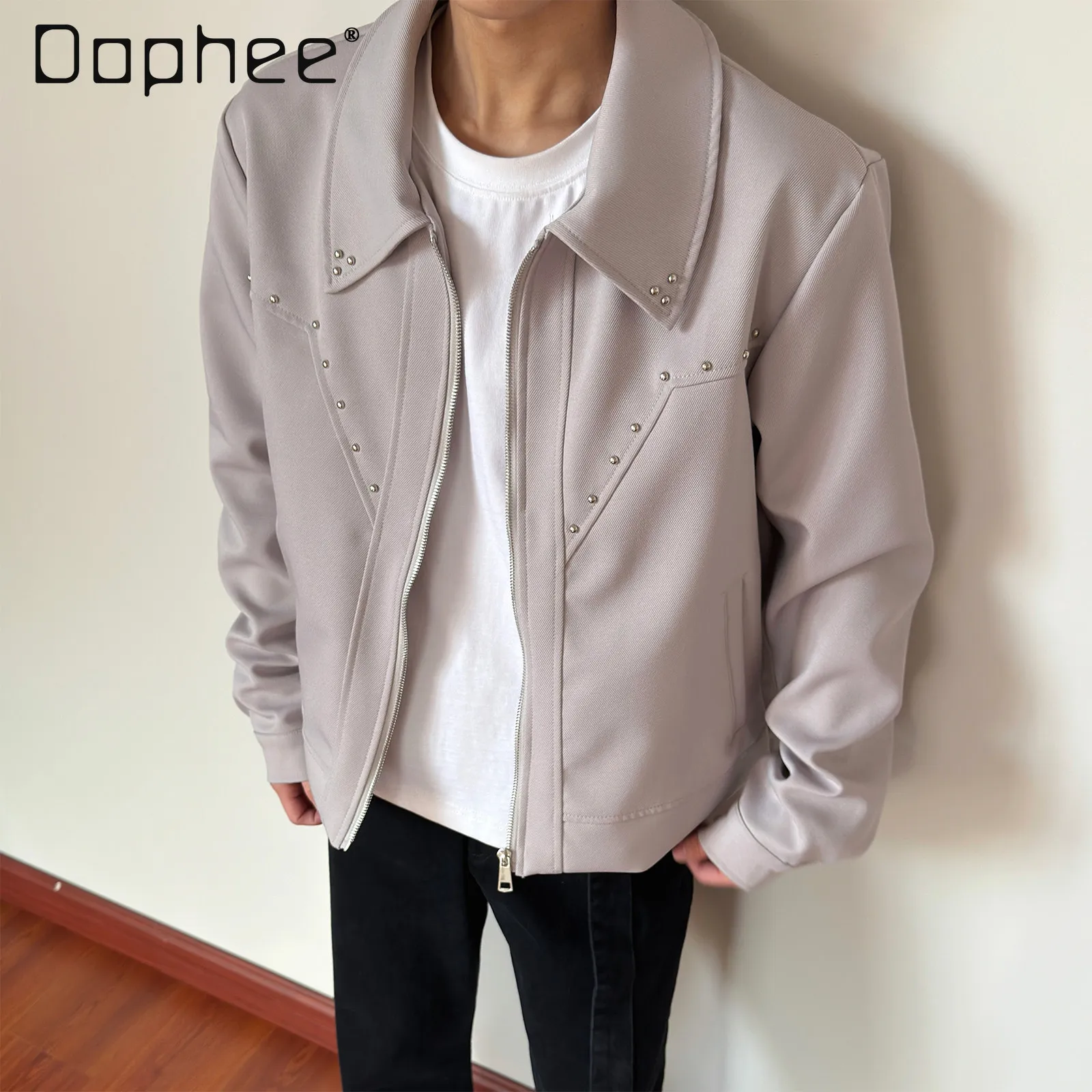 

Spring and Autumn New Men's Commuter Style Loose Casual Versatile Rivet Turn-Down Collar Zipper Gray Black Jacket