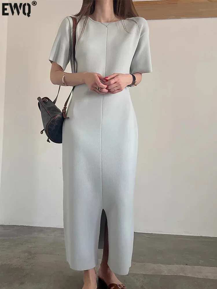 [EWQ] Korean Chic Temperament Round Neck Loose Casual Knee Length Slit Short Sleeve Dress For Women 2024 Spring Summer 16U9238